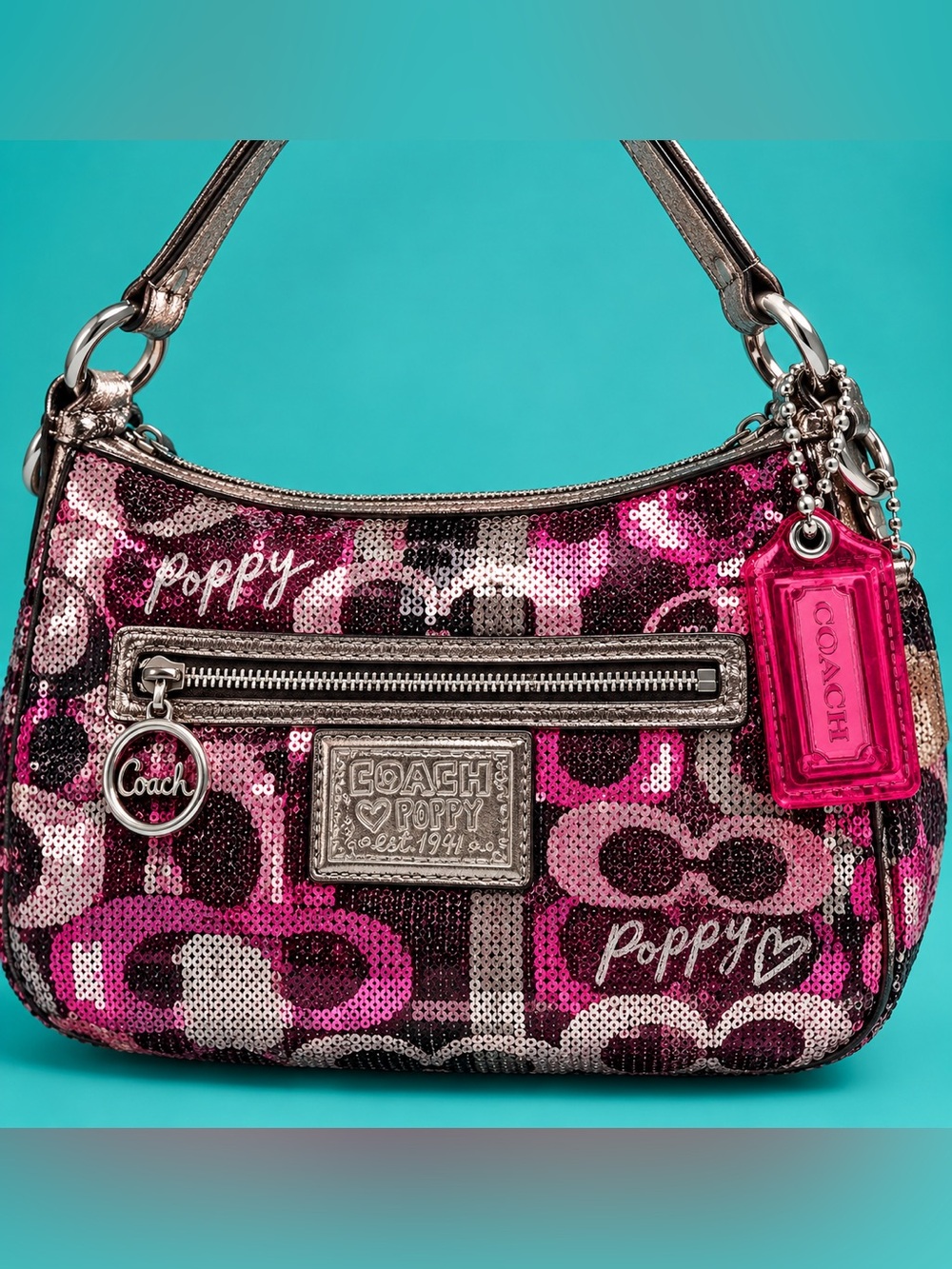 COACH POPPY XL Hot Pink Acrylic Hangtag Keychain Bag Charm Key Fob Rare Limited